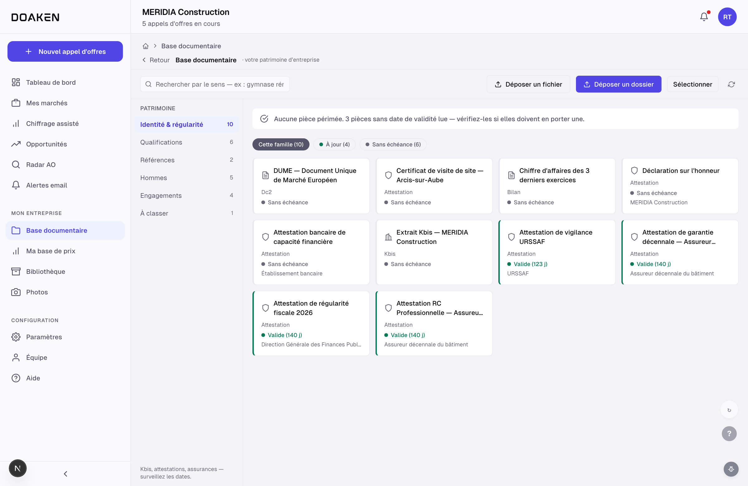DOAKEN · Pièces qui appuient le mémoire : qualifications, attestations et assurances exigées, 3 obligatoires sur 6 déjà fournies