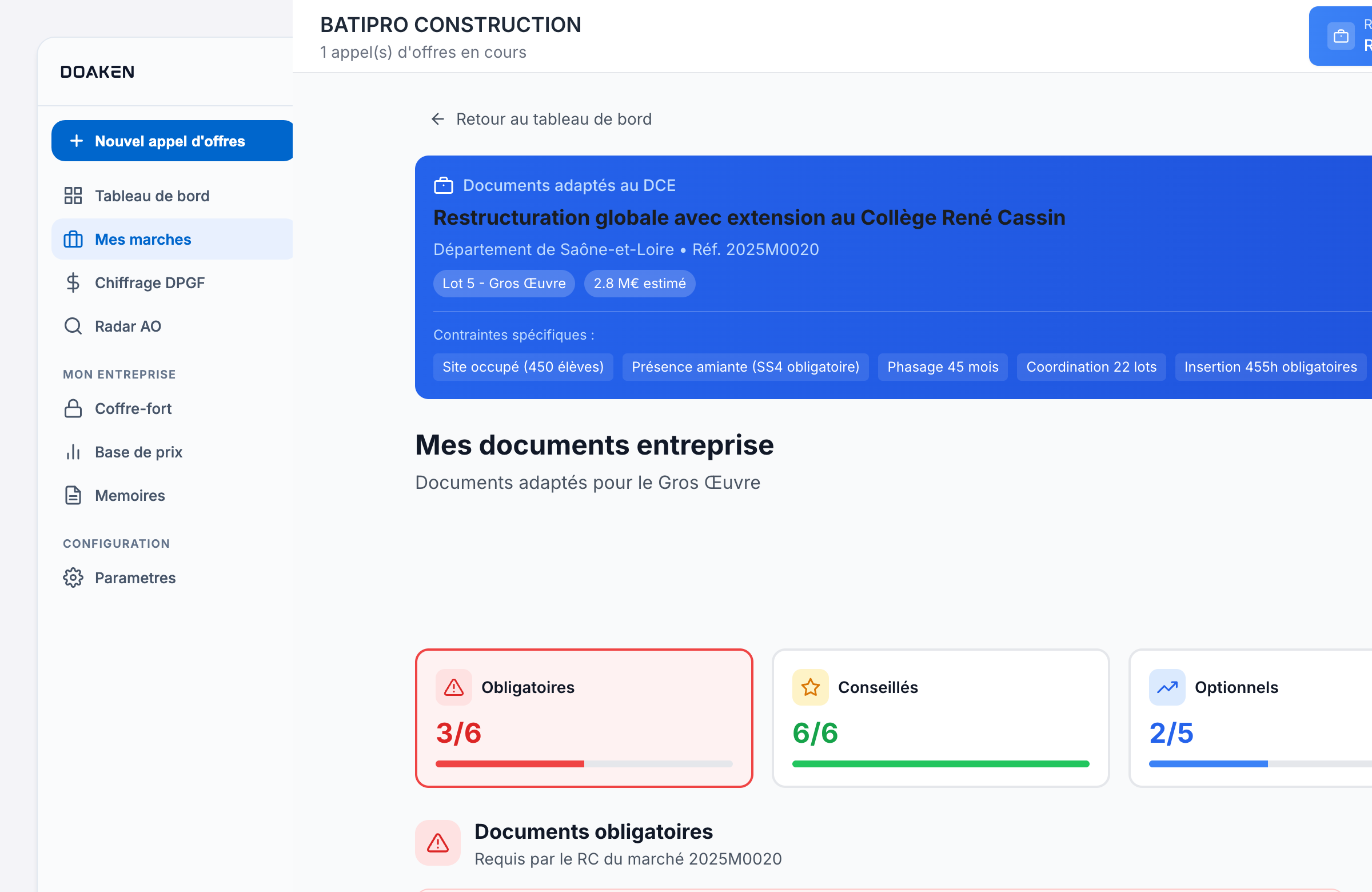 DOAKEN · Coffre-fort documents adaptés au DCE, 3 obligatoires sur 6, qualifications requises