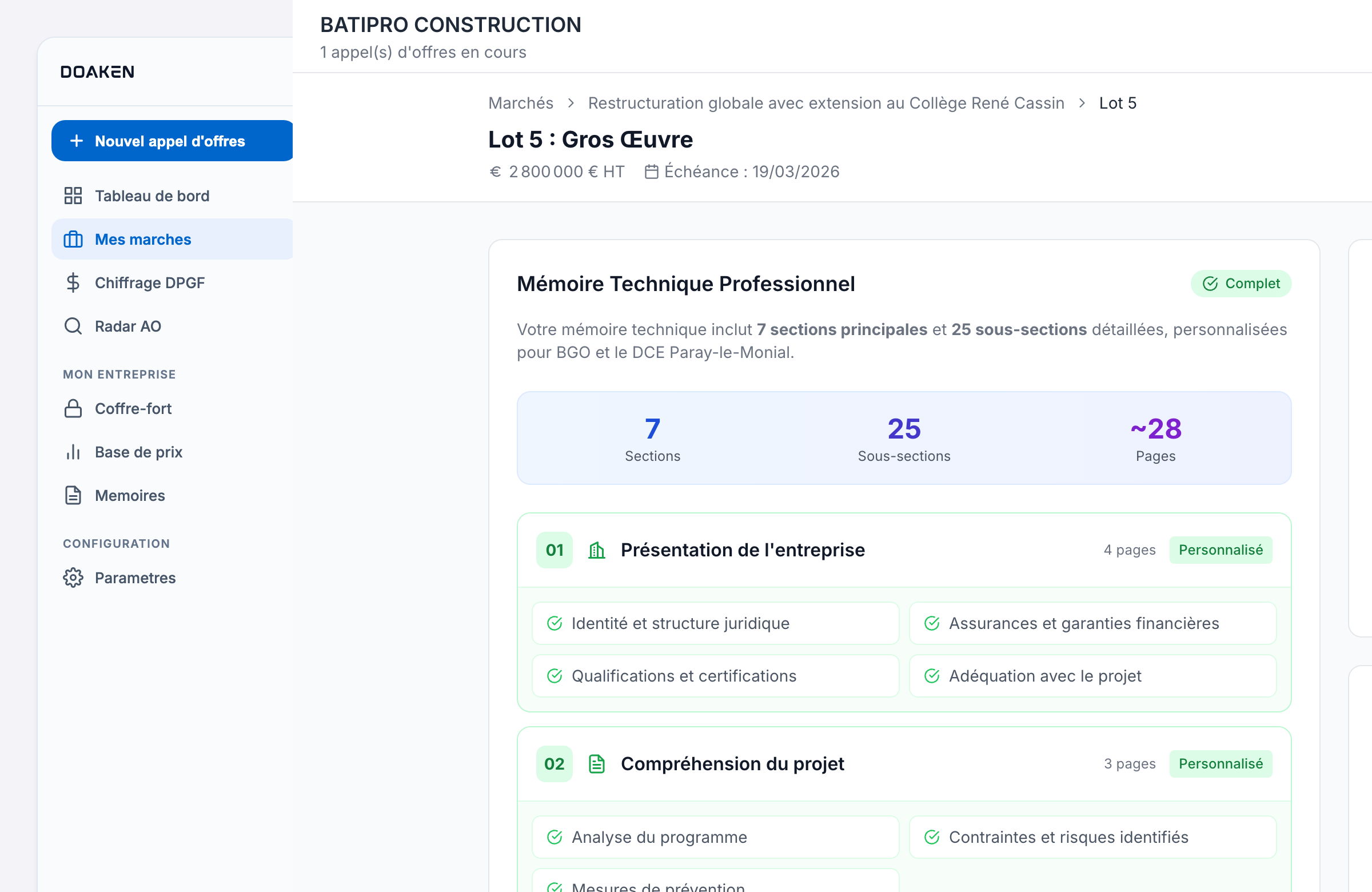 DOAKEN · Éditeur de mémoire technique avec sections, infographies et conformité CCTP