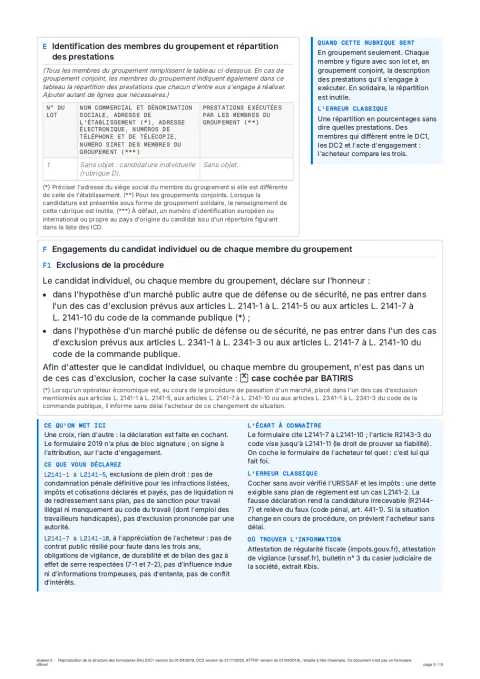 Un dossier de candidature rempli : DC1, DC2 et acte d'engagement, 15 pages