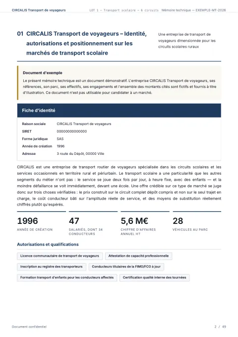 Mémoire technique transport : exemple complet de 50 pages pour un marché de transport scolaire à six circuits, produit par Doaken